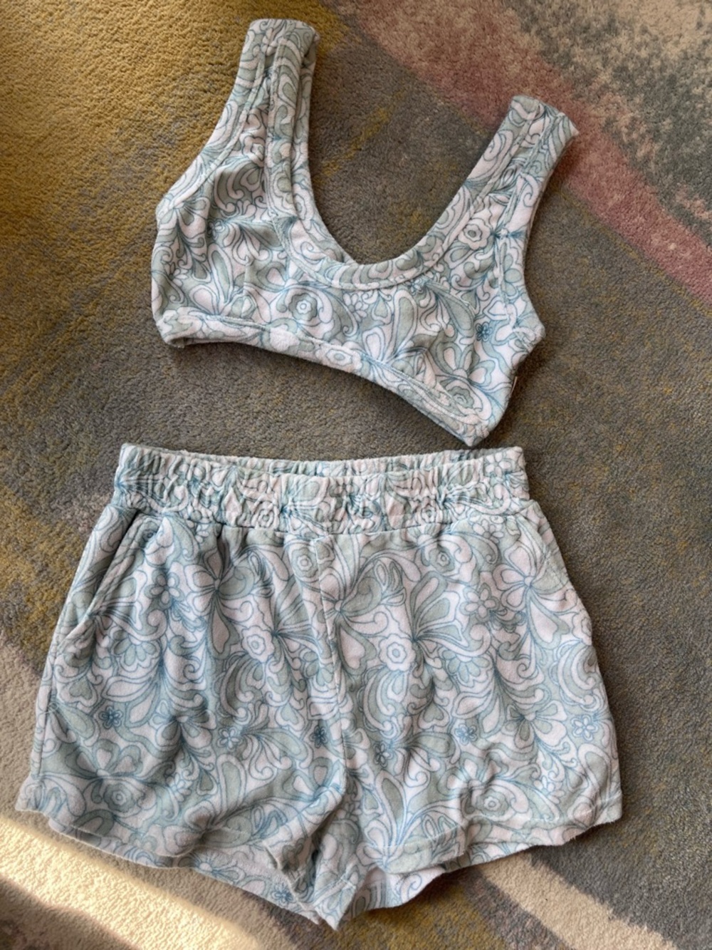 Two-Piece Floral Lounge Crop Bralette & Shorts Set - White & Light Blue